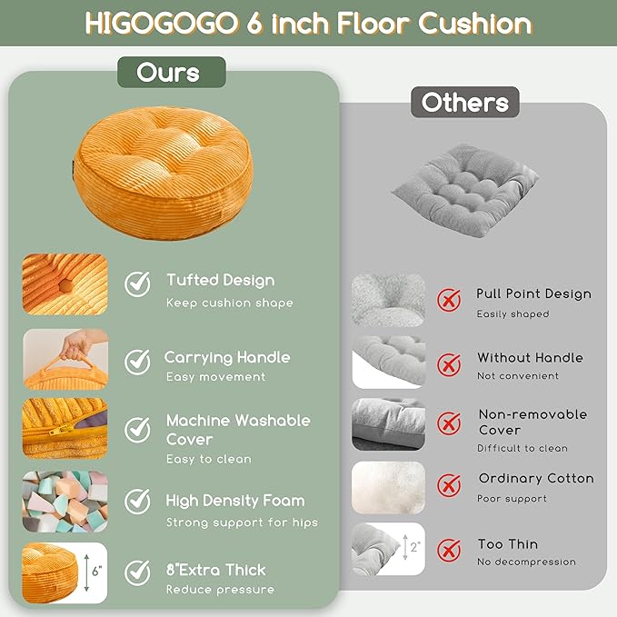 6" Washable Floor Pillow Cushion for Adults, Meditation Cushion Pillow, Large Round Floor Sitting, Removable Tufted Corduroy Cover, for Tatami Living Room or Yoga, 22x22 Inch, Machine Washable