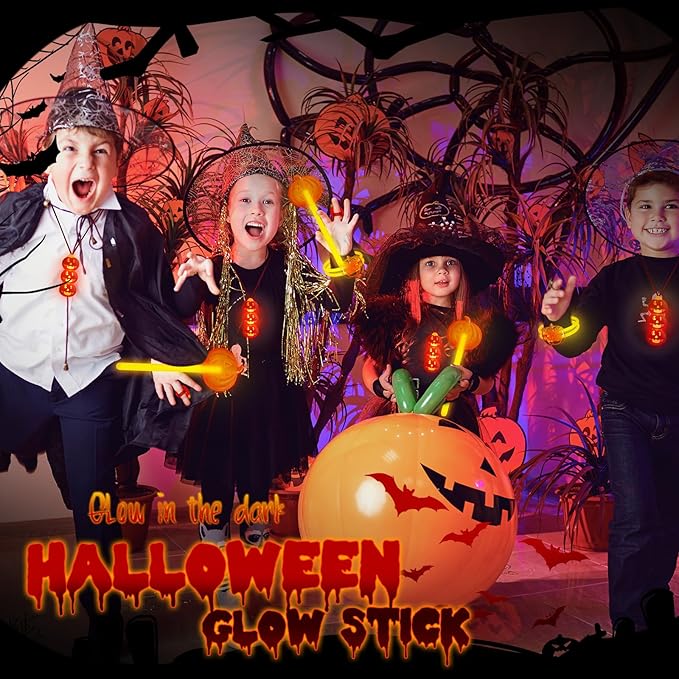 Lewtemi 32 Pcs Pumpkin Halloween Glow Sticks Set Include Bracelet Necklace Ring Wand Glow in the Dark Party Supplies Decorations Halloween Party Favors Goodie Bag Fillers Gifts for Kids Adults