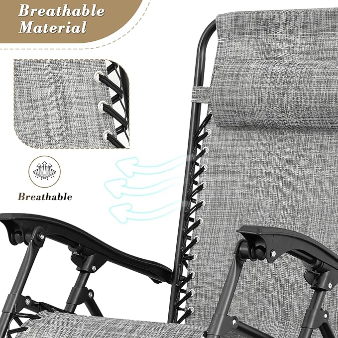 Athena Collection Zero Gravity Outdoor Lounge Chair Set of 2 with Cup Holder, 25" Width Pool Lounge Lawn Chairs Reclining, Outdoor Chaise for Beach Patio Backyard Outside, Dark Grey