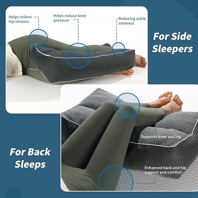 HOMBYS Shredded Memory Foam Knee Pillow for Side Sleepers, 5.5" Height Pillow Between Legs for Aligns Spine & Relieves Pressure Hip & Leg Elevation, Supportive Pillow for Pregnancy, Sciatica, Grey