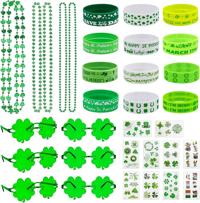 Homgaty 109 Pack St. Patricks Day Party Favors Set, Green Shamrock Glasses Beaded Necklace Bracelets Tattoos Stickers for St Patricks Day Irish Festival Decorations Supplies