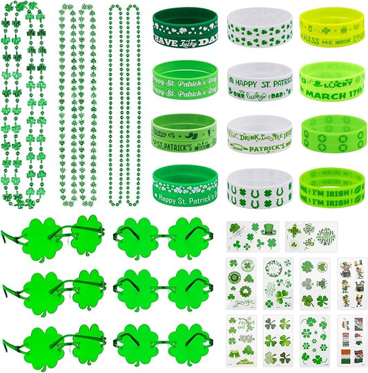Homgaty 109 Pack St. Patricks Day Party Favors Set, Green Shamrock Glasses Beaded Necklace Bracelets Tattoos Stickers for St Patricks Day Irish Festival Decorations Supplies