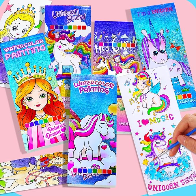 BAOXUE 5PCS Water Color Paint Sets for Kids, Pocket Watercolor Painting coloring Book, Paint With Water Books for Kids Ages 4-8, Art Craft Set for Girls Boys Drawing with Brush