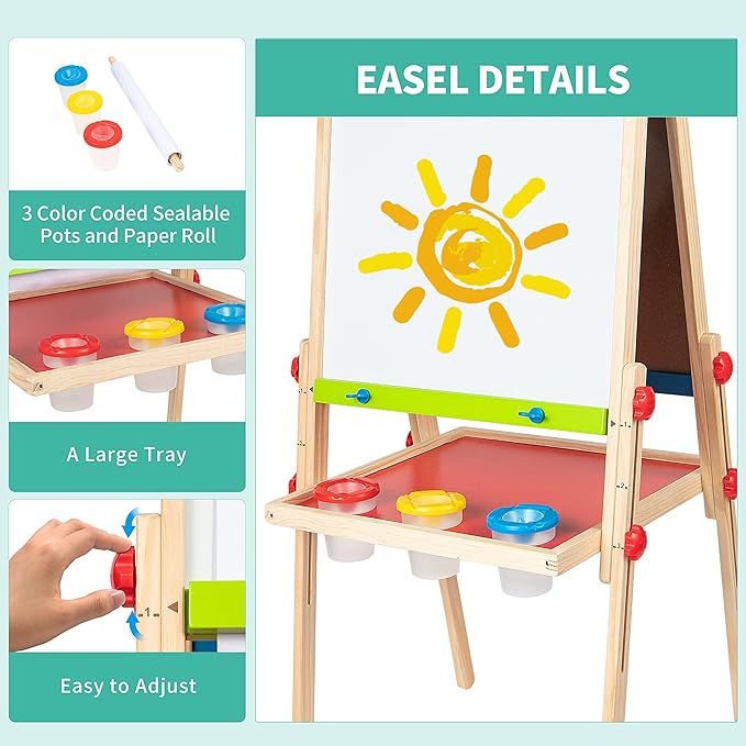 Hape E1010 Magnetic All in 1 Kids Height Adjustable Drawing Dry-Erase Chalkboard Wooden Artist Easel with 3 Paint Pots and Refillable Paper Roll