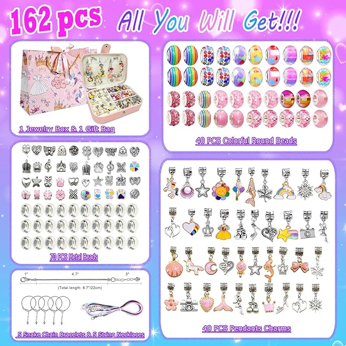 Charm Bracelet Making Kit for Girls 8-12, DIY Bead Jewelry Making Kit with Box, Arts and Crafts for Kids 6-8 Gifts for Girl Toys Age 6 7 8 9 10 11 12 Festival Birthday