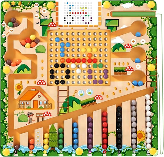 Magnetic Color and Number Maze Montessori Toys for 3+ Year Old Kids Wooden Drawing Board with Magnetic Beads Educational Learning Toys Counting Matching Toys