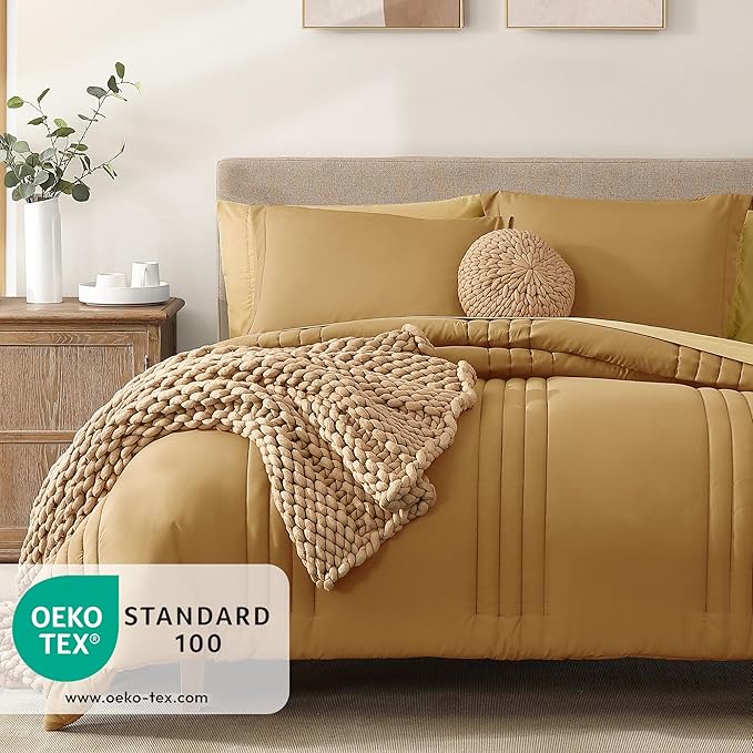 Monbix Queen Comforter Set - 7 Pieces Desert Yellow Bed in a Bag Queen Bedding Sets with Comforters, All Seasons Comforter Bed Set with Sheets, Pillowcases & Shams