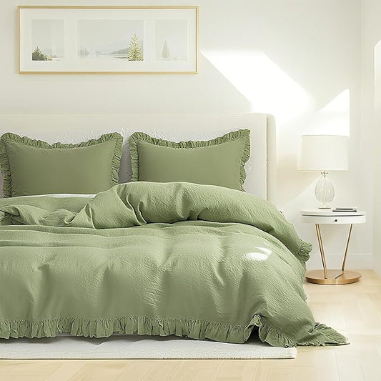 Simple&Opulence 100% Linen Duvet Cover Set, 3 PCS Natural French Flax Sage Green Ruffle Duvet Cover Queen Size, Breathable Comfy Linen Bedding Comforter Cover with 2 Pillowcases(Sage Green, 88" X 92")