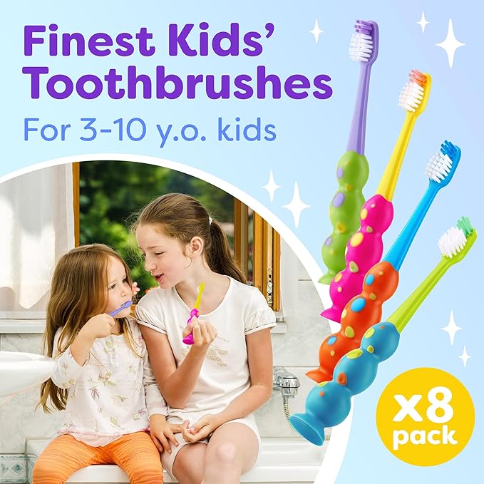 Trueocity Kids Toothbrush 8 Pack - Soft Contoured Bristles - Child Sized Brush Heads (3-10 Year Old) - Suction Cup for Fun & Easy Storage - Girl & Boy Set (8-Pack, Multi-Color)