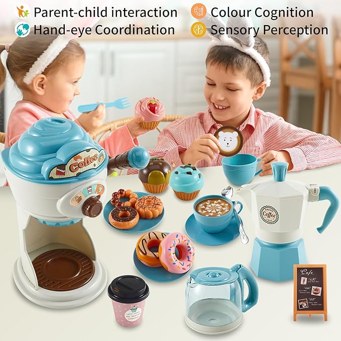 Ice Cream Tea Party Play Set for Kids Role Play, Dessert Coffee Toys, Create Sweet Treats and Brew Coffee in Style Play House, for Boys Girls 3 4 5 6 Years Old, Birthday Gifts, Class Rewards,Christmas