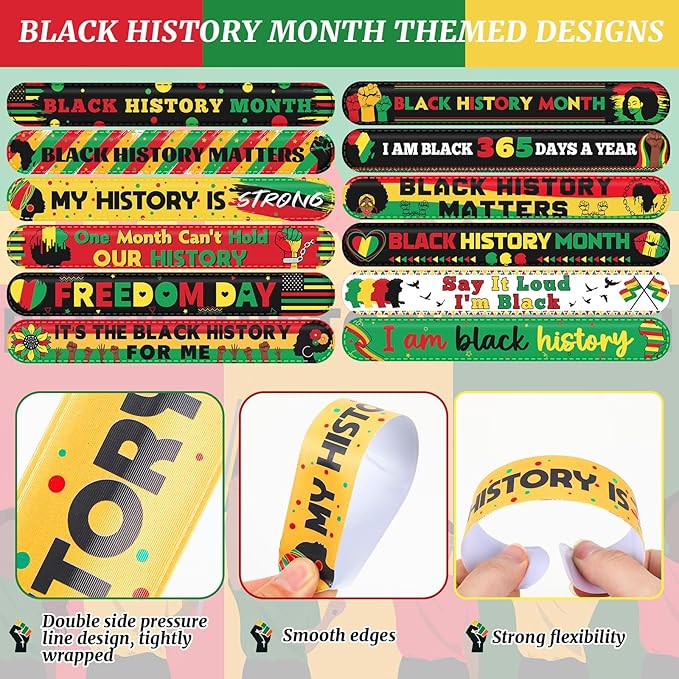 JUNEBRUSHS 56Pcs Black History Month Slap Bracelets, Black History Month Wristbands Bracelets Bulk for Kids Adult Black History Month Party Favors Accessories Gifts Decorations