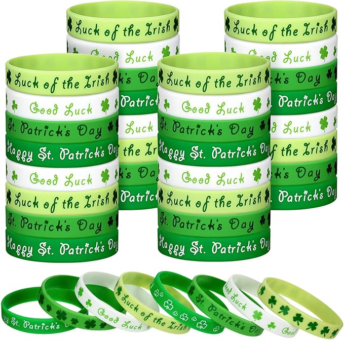 48 Pieces St Patrick's Day Rubber Wristbands St Patrick's Day Accessories Shamrock Bracelets Green Shamrock Irish Bracelets St. Patrick's Day Party Favors Supplies