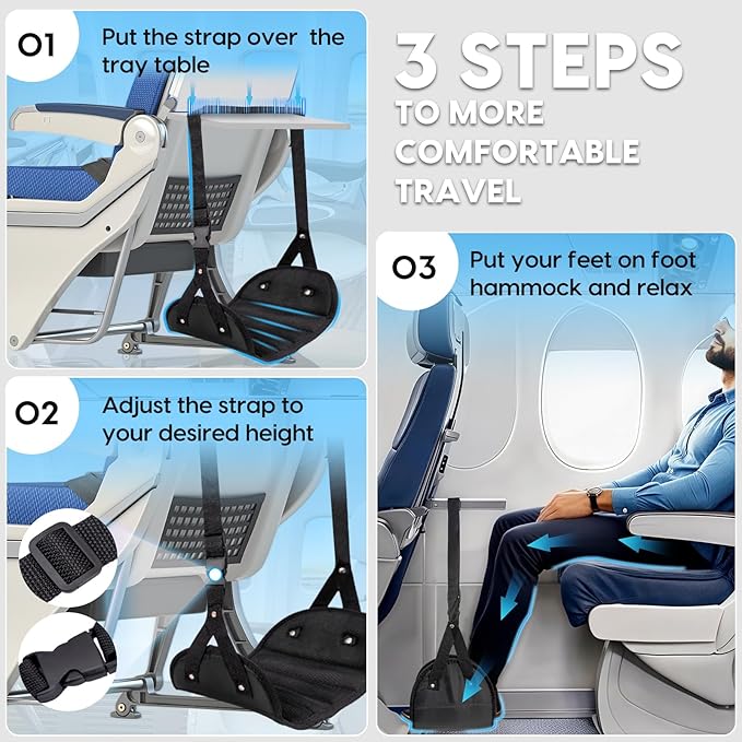 Foot Hammock for Plane Travel, 2-Pack Perfect Airplane Foot Hammock to Relax Your Feet, Portable Airplane Foot Rest with Adjustment Strap, Travel Essentials for Comfortable Long Flight (Black)