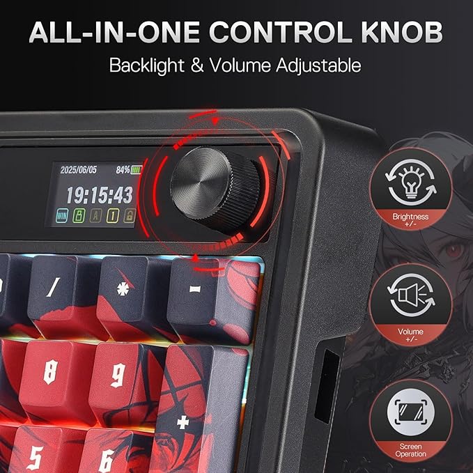 Redragon K719 PRO Wireless Gasket Gaming Keyboard w/Hype Screen & Knob, 95 Keys Mechanical Keyboard, Easy-Control 1.14’’ TFT Info Display, 5-Layer Noise Dampening, Custom Linear Switch, Anime Edition