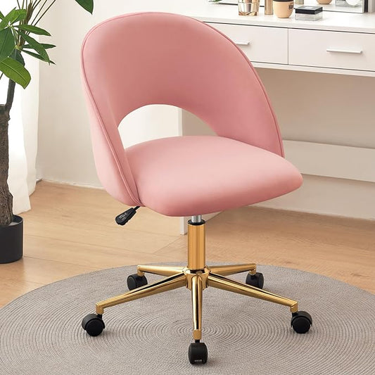 Furniliving Pink Vanity Chair, Cute Desk Chairs for Girls with Back, Rolling Upholstered Accent Chair for Living Room/Makeup Room/Bedroom, Pink