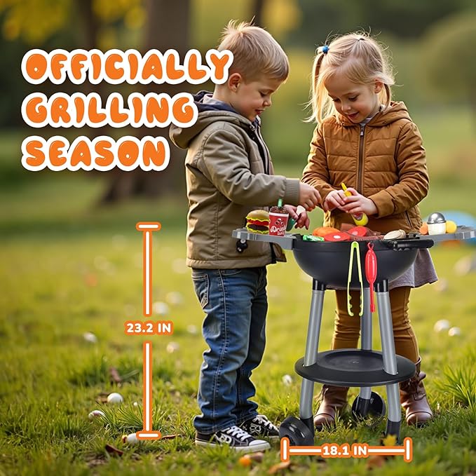 Kimiangel 47 PCS Kids Grill Playset, Interactive Kitchen Toy BBQ Grill Set with Sound & Light, Pretend Play Toy Outdoor Barbecue Cooking Kitchen Game Set Gift for Kids Boys Girls Ages 3+ Red