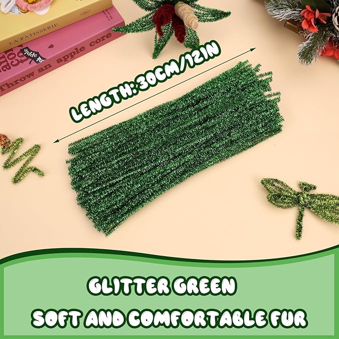 Hssugi Green Pipe Cleaners, 100PCS Pipe Cleaners Craft Supplies, Glitter Golden Pipe Cleaners Bulk Fuzzy Sticks for DIY Art and Craft Projects Home Decoration