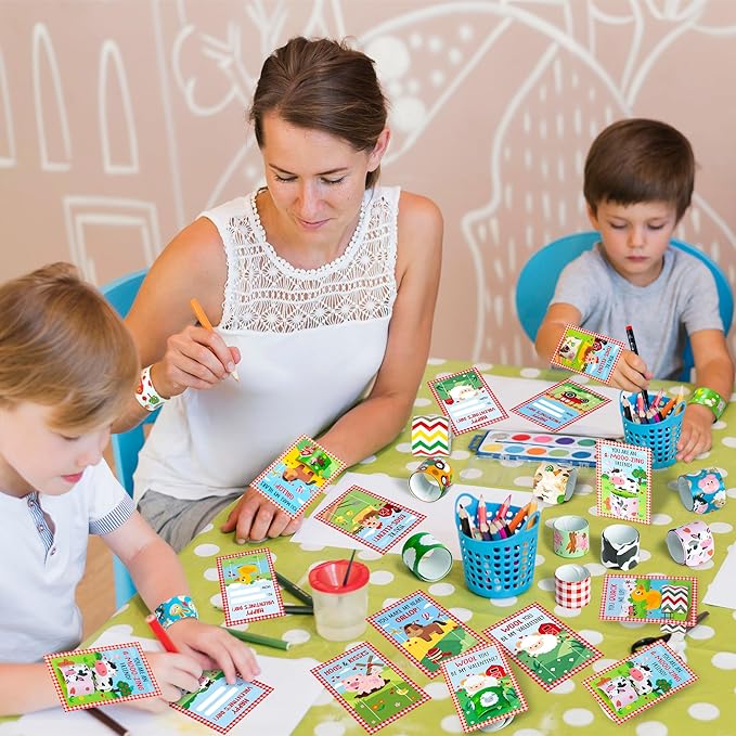 Haooryx Valentine's Exchange Gifts Bulk - 28 Pack Valentine's Day Farm Animal Slap Bracelets Inspired Greeting Cards Student Prize Activity Farmland Classroom School Kids' Multi-Item Party Favor Packs