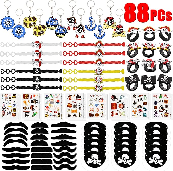 HLenyoy 88 PCs Pirate Party Supplies Favors Pirate Keychain Rings Bracelets Pirate Eye Patch Mustache Tattoos Stickers Pirate Party Favors Decoration