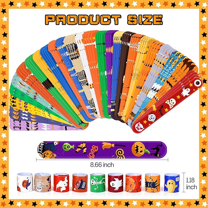 Halloween Slap Bracelets for Kids, 100 Halloween Bracelet Toys Bulk For Kids Girls Boys, Trick or Treat Party Favors, Classroom Prizes, Exchanging Gifts, Halloween Party Gift Treat Bag Filler Supply