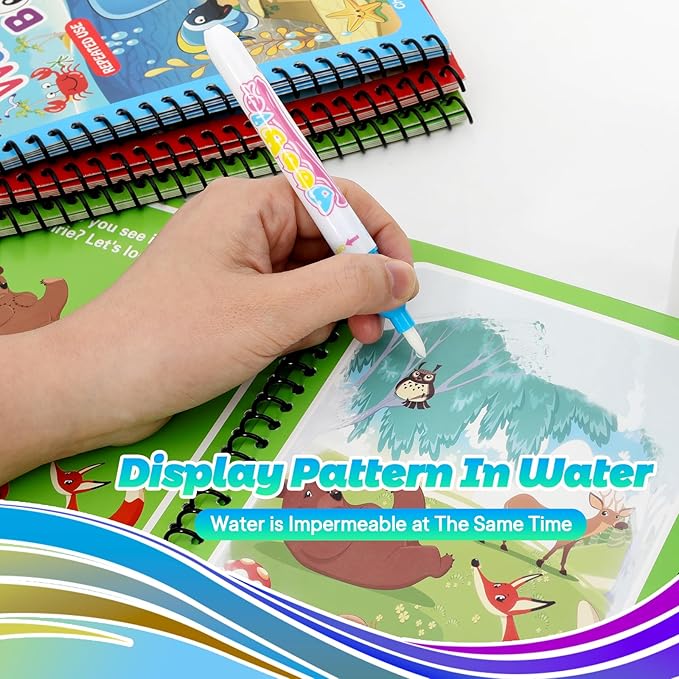 4 Pack Reusable Water Coloring Books for Toddlers, Paint with Water Books,Mess-Free Coloring Book, Portable Educational Doodle Drawing Toy, Improving Children's Imagination, Color Perception