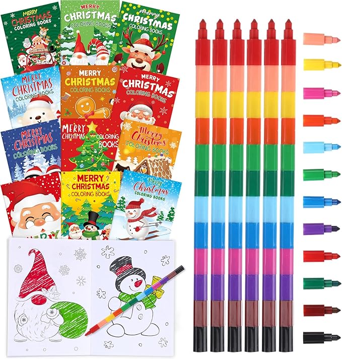 Funrous 24 Pcs Christmas Coloring Book for Kids Bulk with 24 Crayons, Christmas Activity Books with Marker Xmas Stocking Goodie Bag Stuffers for Holiday Students Classroom Gifts Party Favors (Vivid)