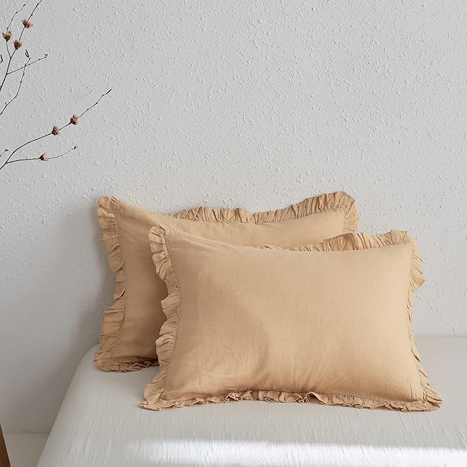 Simple&Opulence 100% Linen Duvet Cover Set, 3 PCS Natural French Flax Sand Ruffle Duvet Cover King Size, Breathable Comfy Linen Bedding Comforter Cover with 2 Pillowcases (Sand, 104" X 92")