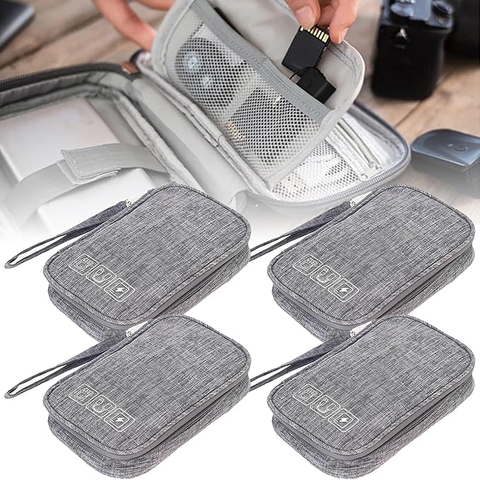 4Pcs Electronic Organizer Travel Case,Waterproof Cord Organizer Travel Cable Organizer Bag Portable Small Travel Tech Storage Pouch for Cord Charger Phone Earphone SD Card Cables Power Bank Card,Grey