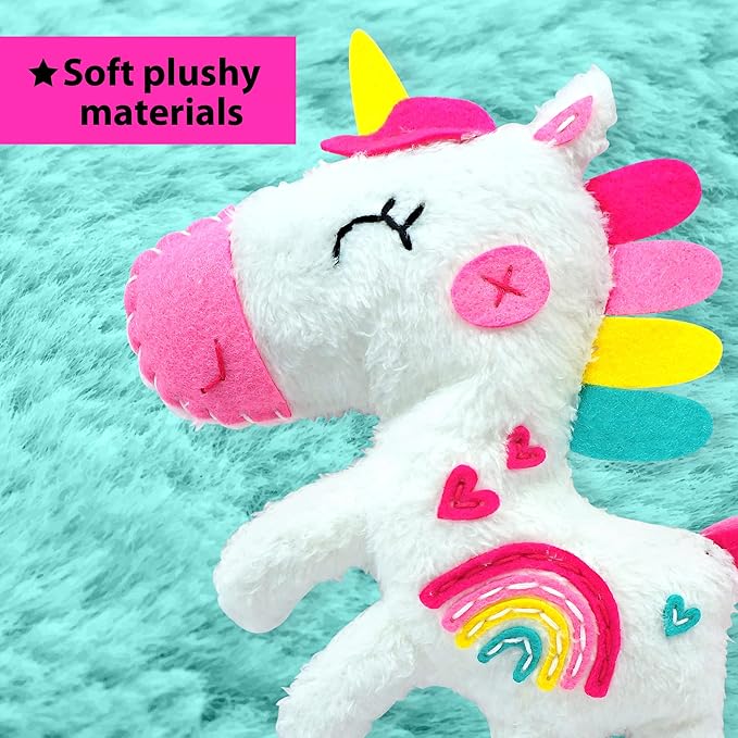 KRAFUN Unicorn Beginner Animal Sewing Kit for Kids Age 7-13 My First Art & Craft, Includes 3 Stuffed Animal Dolls Panda, Fox, Instructions & Plush Felt Materials for Learn to Sew, Embroidery
