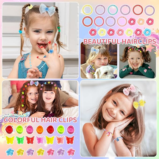 Kids Jewelry for Girls, 68Pcs Toddler Jewelry Toys Princess Dress Up Jewelry Set, Necklaces, Bracelets, Kids Rings, Hair Ties, Hair Clips, Funny Christmas Birthday Gifts for 3 4 5 6 7 8 Year Old Girl