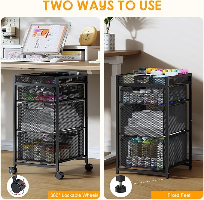 Rolling Utility Cart with 3 Drawers, Craft Organizer and Storage with DIY Divider, Lockable Wheels, Multi-Functional Storage for Art Supplies, Store for Brushes & Paints & Small Parts(Patent Pending)