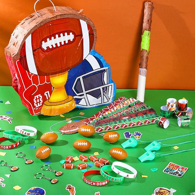 162 Pcs Football Piñata Football Party Favors with Blindfold Confetti Bat Stress Balls Keychains Wristbands Whistles Eraser Slap Bracelet Stickers Sports Piñata Birthday Party Decorations