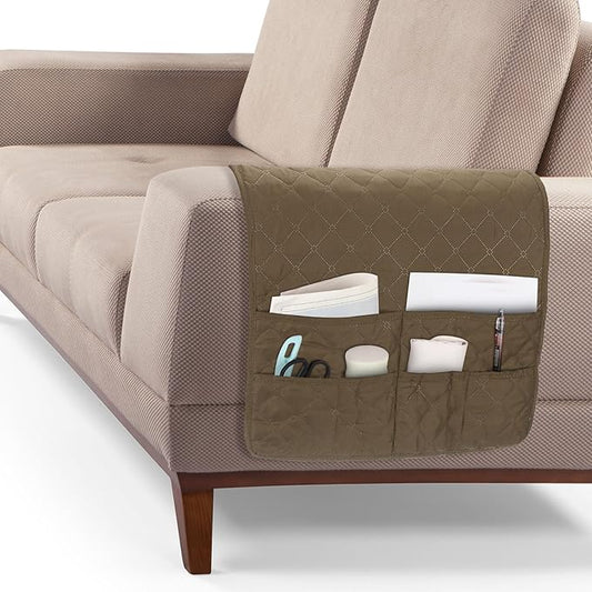 uxcell Couch Sofa Armrest Organizer Non-Slip Chair Arm Recliner Remote Control Organizer with 6 Pockets for Books, Magazines, Tablet, Phone, Camel