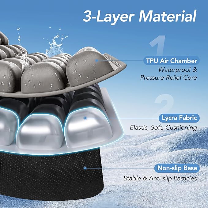 Travel Seat Cushion, 3D Air Inflatable Pressure Relief Cushion for Hemorrhoid and Tailbone Pain Relief, Optimal Support for Long Sitting in Car, Air Travel, Office Chairs, Home Living