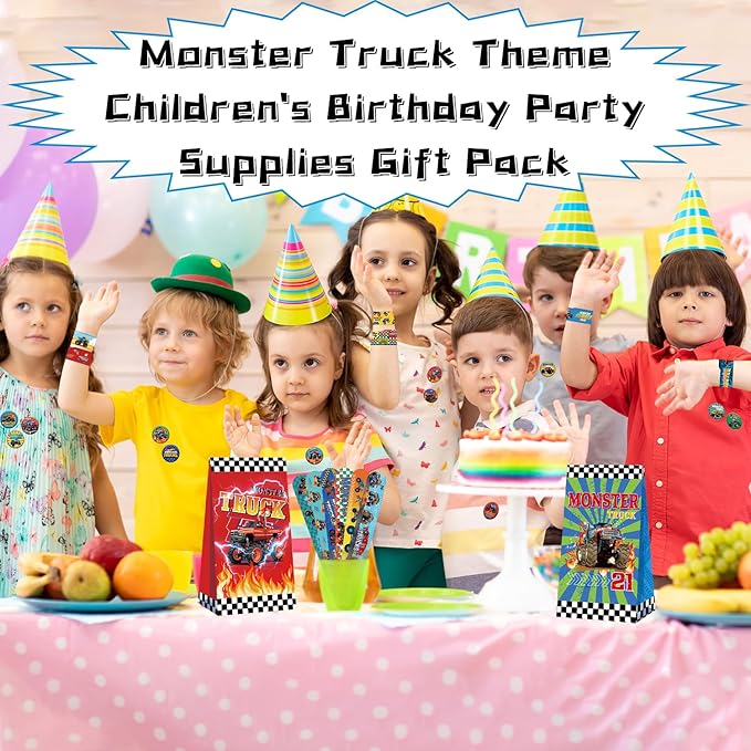 KEFAN Monster Truck Party Favor Supplies including Cartoon Monster Truck Theme Gift Bags, Wristbands, Stickers, Badge, for Monster Truck Theme Boy's Birthday Party Gift