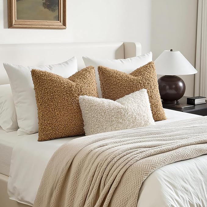 Woaboy Faux Fur Throw Pillow Covers 18x18 Inch Set of 2 Boucle Neutral Decorative Sherpa Fuzzy Accent Soft Sheepskin Fleece Cushions Modern Home Decor for Couch Sofa Bedroom Living Room,Light Brown