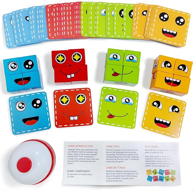 Face Changing Building Blocks Game, Wooden Expression of Face Change Magic Cube Educational Puzzles Toy Fidget Toys Cube Mini Board Game for Kids and Adults with 72 Cards (Large)