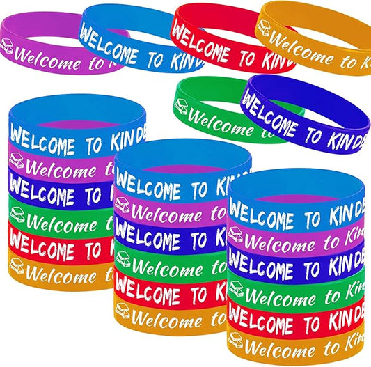24PCS Welcome to Kindergarten Party Rubber Bracelets, 100 Days of School/First Day of School/Welcome Back to School Party Supplies Decorations Gifts Prize Goodie Bag Favors Silicone Wristbands