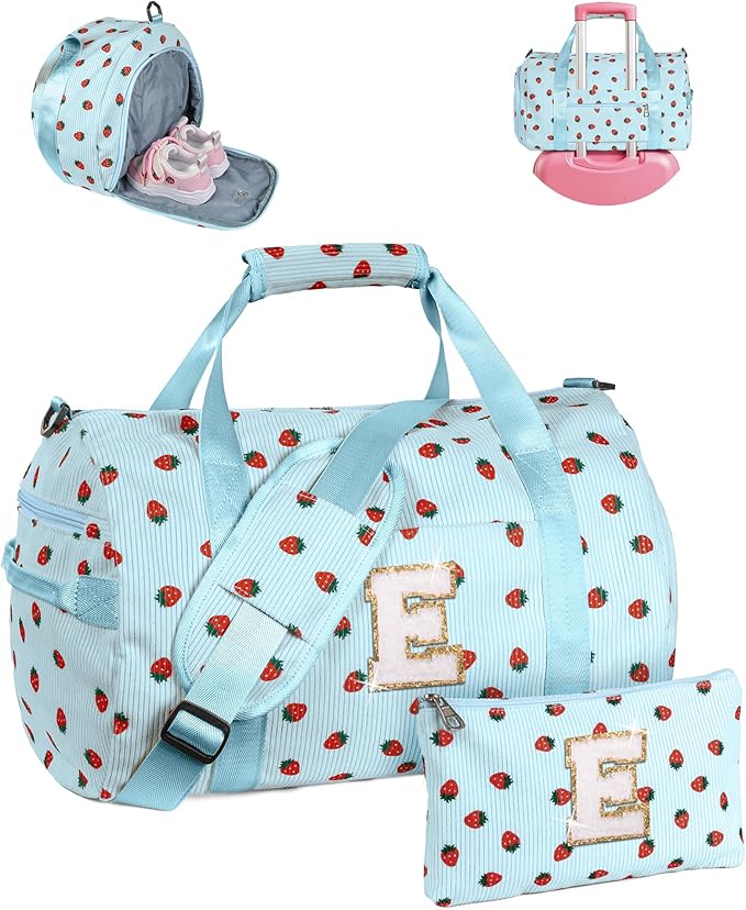 Tween Girl Gifts Trendy Stuff, Girls Gym Bag, Kids Personalized Weekend Duffel Bags with Shoe Compartment, Initial Travel Tote with Makeup Bag, Preppy Stuff for Teenager (Letter E)