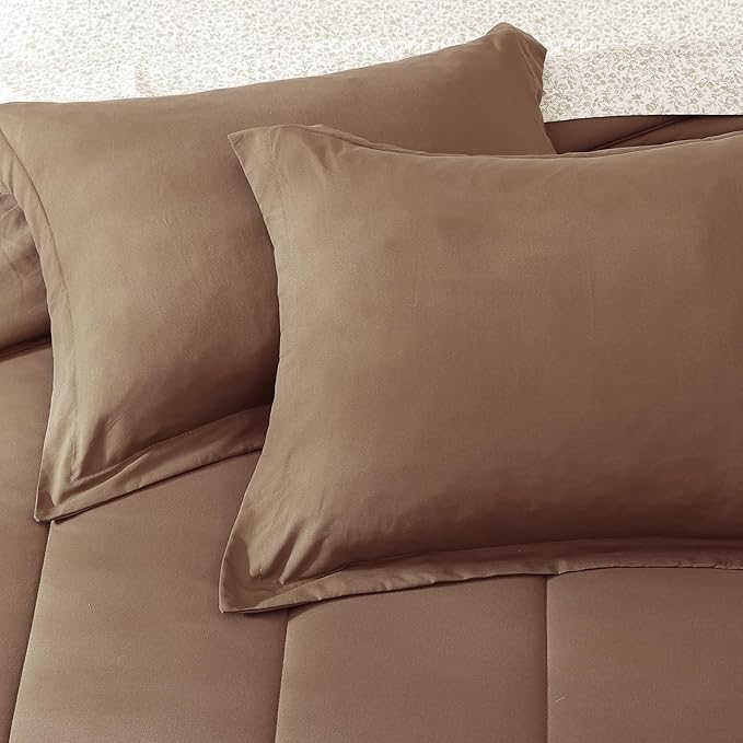 Monbix King Size Comforter Set - 7 Pieces Bed in a Bag King, Brown Track Stitching Bedding Sets, All Seasons Comforter Bed Set with Sheets