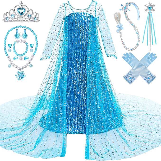 Latocos Girls Elsa Dress Costume Princess Dresses for Girls Ages 3-10 with Long Cape for Birthday Halloween Cosplay