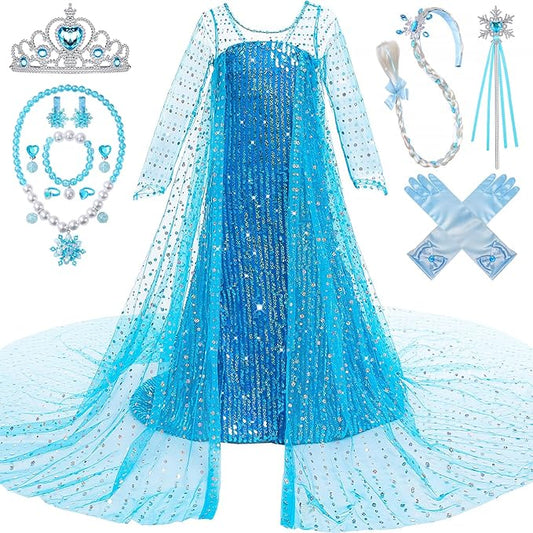 Latocos Girls Elsa Dress Costume Princess Dresses for Girls Ages 3-10 with Long Cape for Birthday Halloween Cosplay
