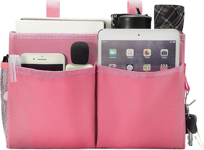 Bseash Bunk Bed Organizer, Bedside Caddy Hanging Bed Organizer Storage Bag with 4 Pockets and 2 Hooks, for College Dorm Rooms Bed, Hospital Bed, Baby Bed Rails, 600D Oxford Cloth (Pink)