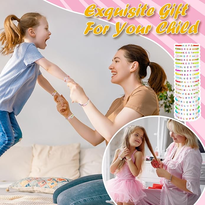 60 pcs Colorful Kids Friendship Bracelet Sets, Stackable Elastic Cute Beaded Bracelets Princess Pretend Play Bracelet Preppy Bracelets Bulk Set for Women Gift