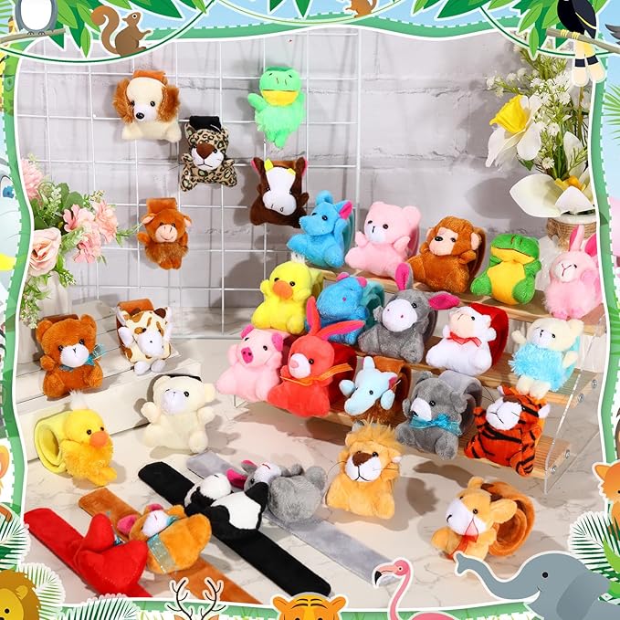 Leyndo 30 Pcs Stuffed Animal Slap Bracelet for Kids Cute Animal Slap Bracelets Stuffed Animal Bracelets Bulk Slap Bracelet Plush for Holiday Gifts, Themed Party Favors, Classroom Rewards