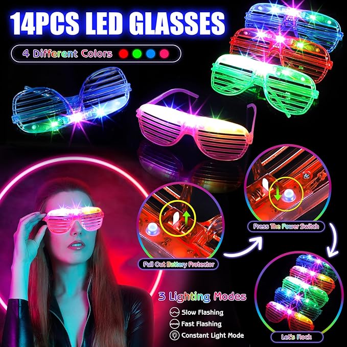 162PCS Glow in the Dark Party Supplies, Light Up Party Favors with 14 LED Glasses,14 Fiber Optic Wands, 6 Gyro Rings, 28 Finger Lights,100 Glow Sticks for Kids Adults Neon Party Decorations