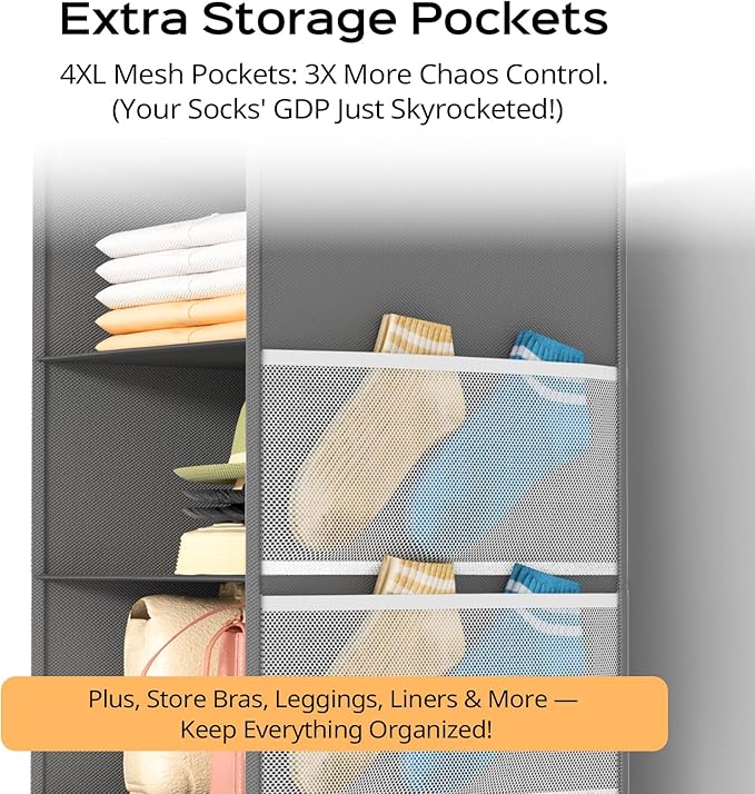 ALLTIDYUP Extra Deep Hanging Closet Organizer with 6 Shelves and Oversized Mesh Pockets, Heavy-Duty Structure, No Deformation, Max Storage for Clothes, Shoes, Hats, Dorms and RVs, Grey,1-Pack