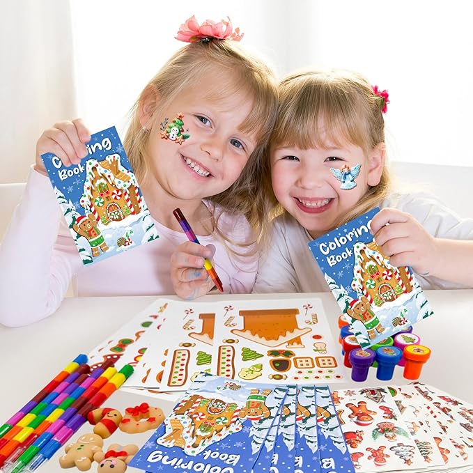Cinrobiye 72 Pcss Merry Christmas Party Favors Max Holiday Coloring Books Tattoo DIY Sticker Stampers Class Reward Prizes for Christmas Holiday Winter Party Supplies (Candy)