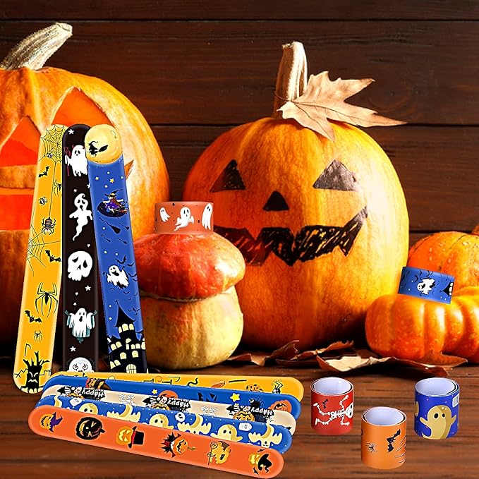 Halloween Slap Bracelets for Kids, 100 Halloween Bracelet Toys Bulk For Kids Girls Boys, Trick or Treat Party Favors, Classroom Prizes, Exchanging Gifts, Halloween Party Gift Treat Bag Filler Supply