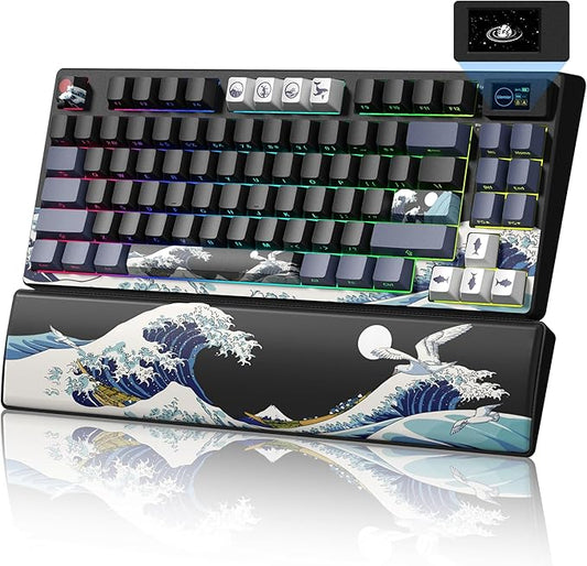 Womier 75% Wireless Mechanical Keyboard with Color Multimedia Screen Anime Gaming Creamy Keyboard, 3-Modes Hot Swappable Kanagawa Theme Key Board w/Wrist Rest, Gasket RGB Custom for Mac/Win (SK80 PRO)